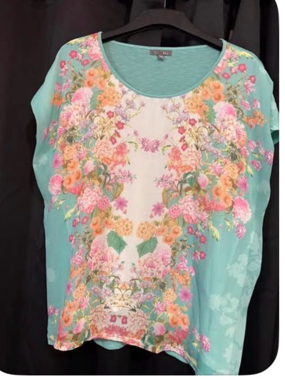 Roz & Ali Mint Floral Short Sleeve Blouse with Pink & Orange Accents